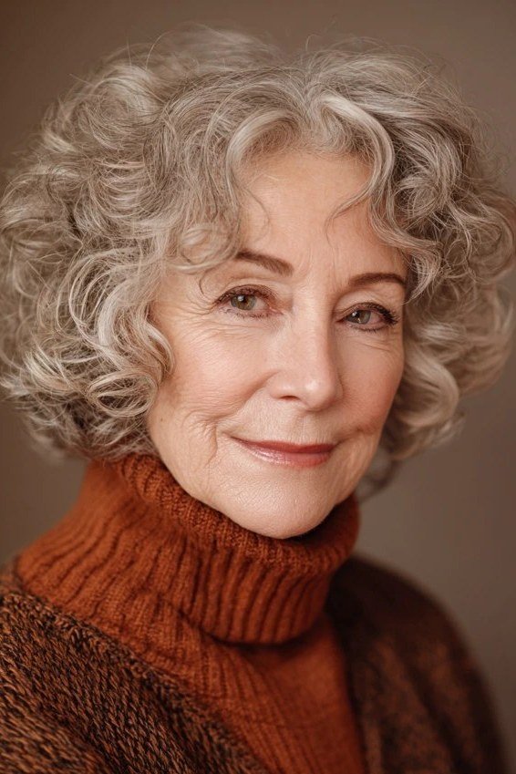 Lifted silver curly bob with root volume for women over 60
