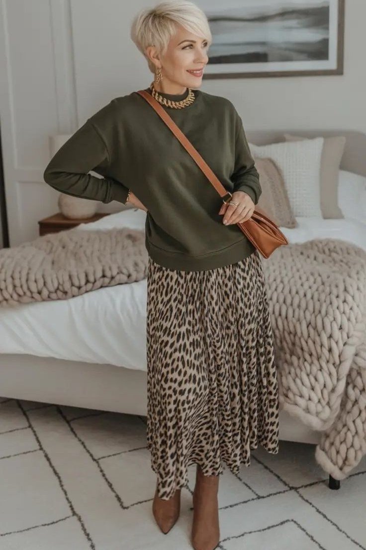 Olive Sweater with a Leopard Midi Skirt, classy outfit for women over 60