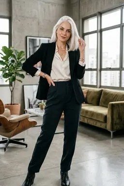 Black Blazer with White Shirt and Black Trousers in a Loft - business outfit for women over 50