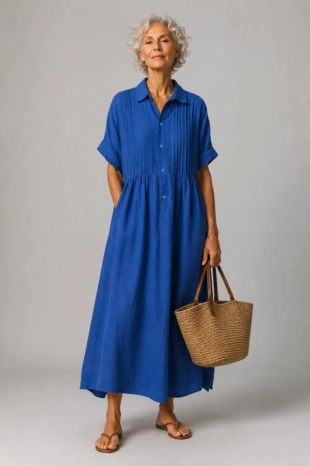 Cobalt Blue Linen Shirtdress summer outfit idea for women over 60