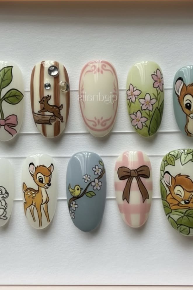 Bambi press-on nail set on display card with green pink and blue character designs