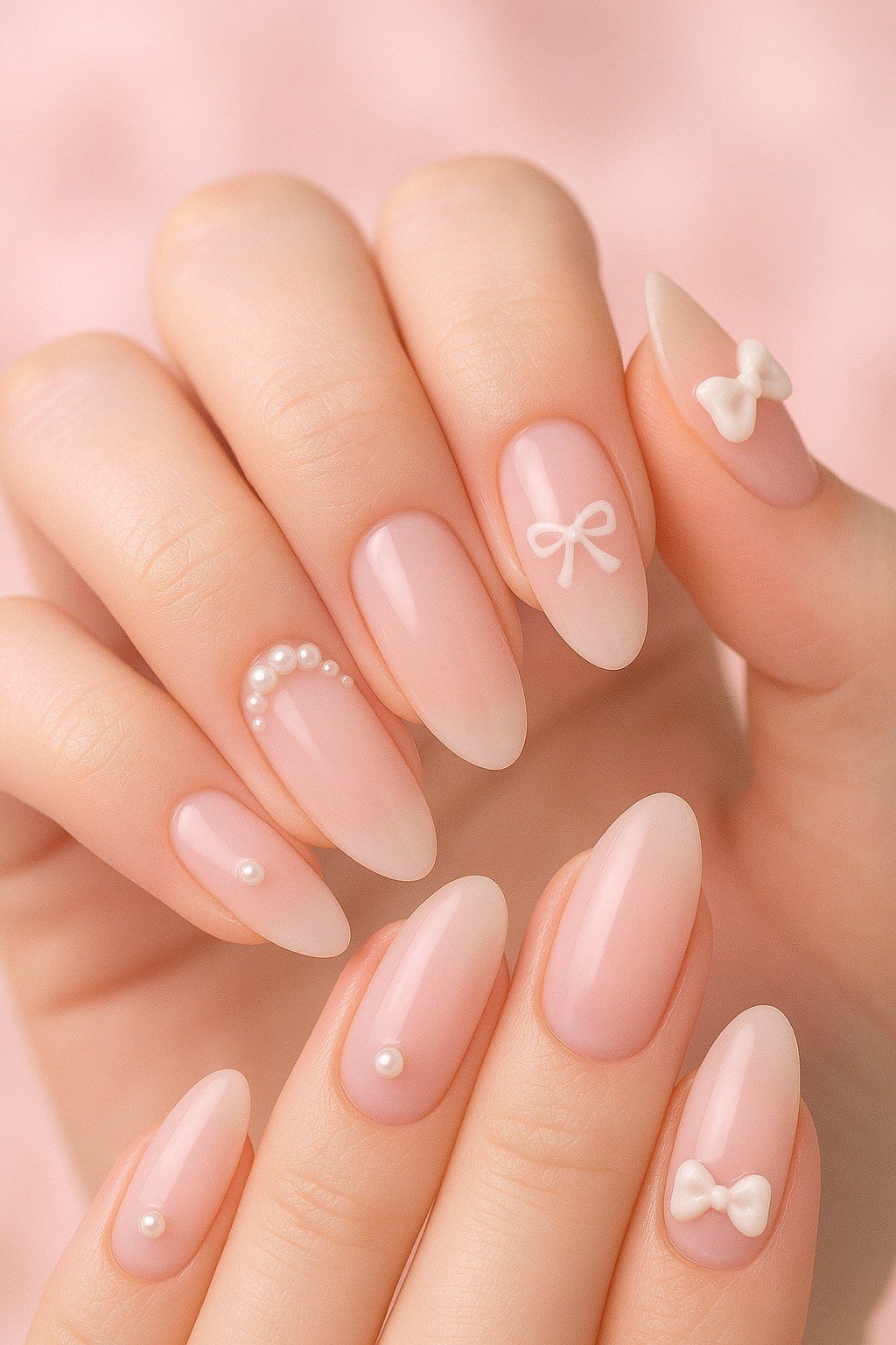 Nude oval nails with white bow and pearl dots