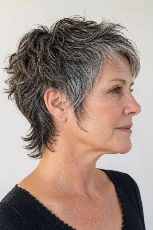 Salt and pepper choppy pixie haircut for women over 60, side profile