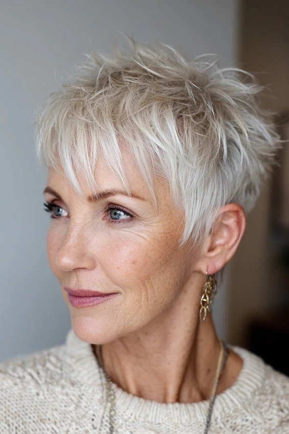 white pixie with short bangs for women over 50 front view