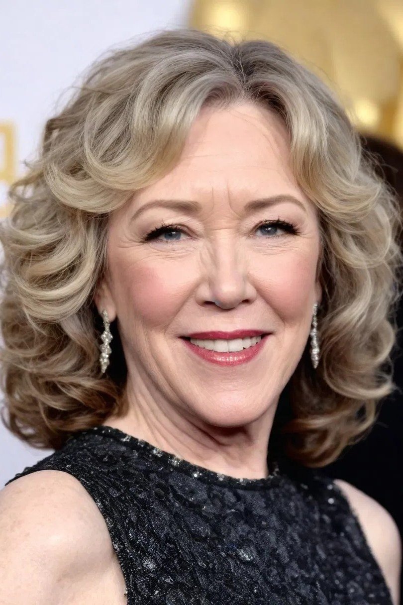 Blonde curly bob, front view, classic hairstyle for women over 70