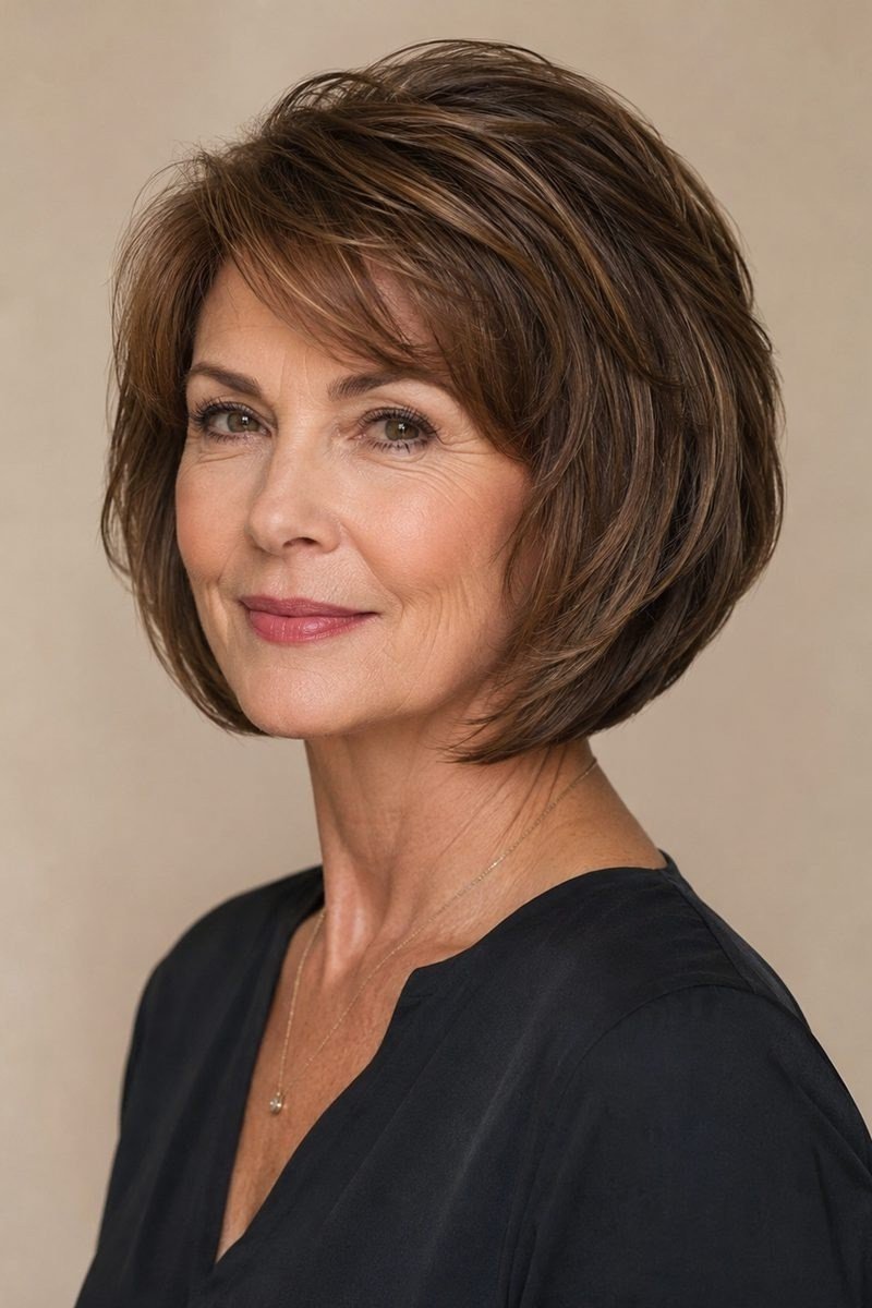 Brunette bob front 3/4 view, black top, short layered bob hairstyle for women over 60
