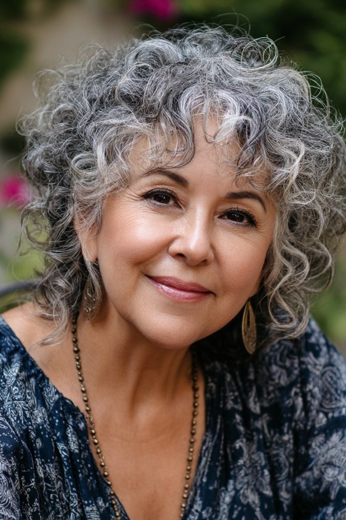 grey curly shoulder-length bob, front view hairstyle for women over 70