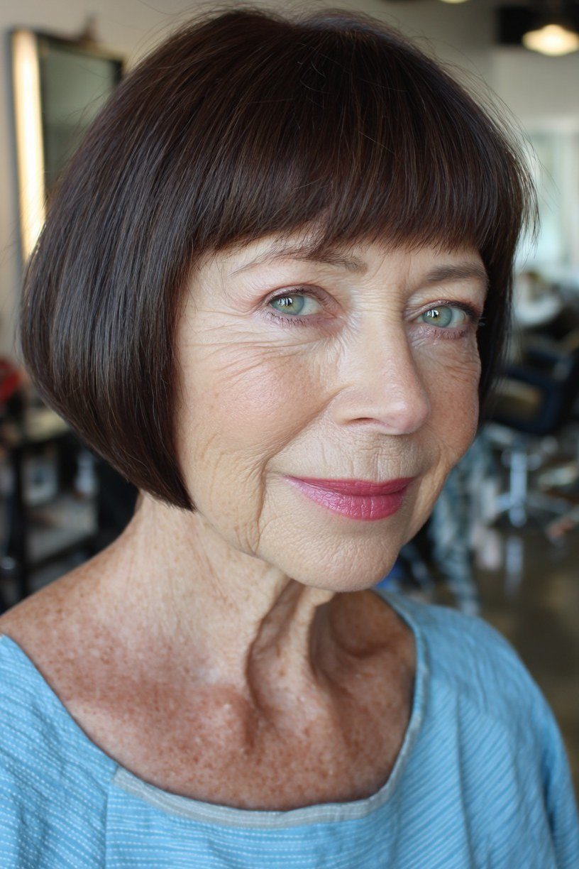Brunette french bob with full bangs and blue top