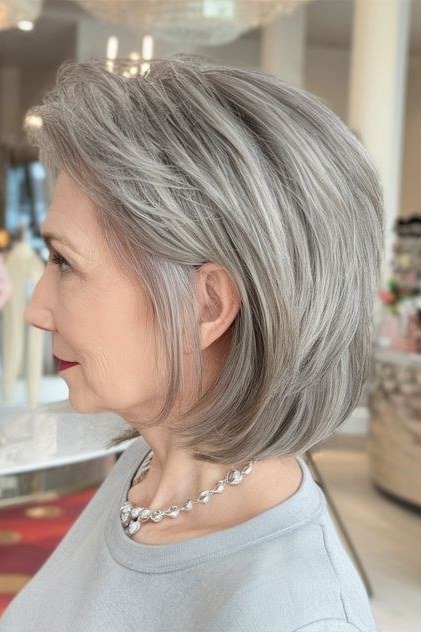 Salon-Sleek Grey Bob - grey hairstyle for women over 60