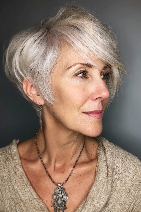 Short silver pixie, textured fringe, front view for women over 60