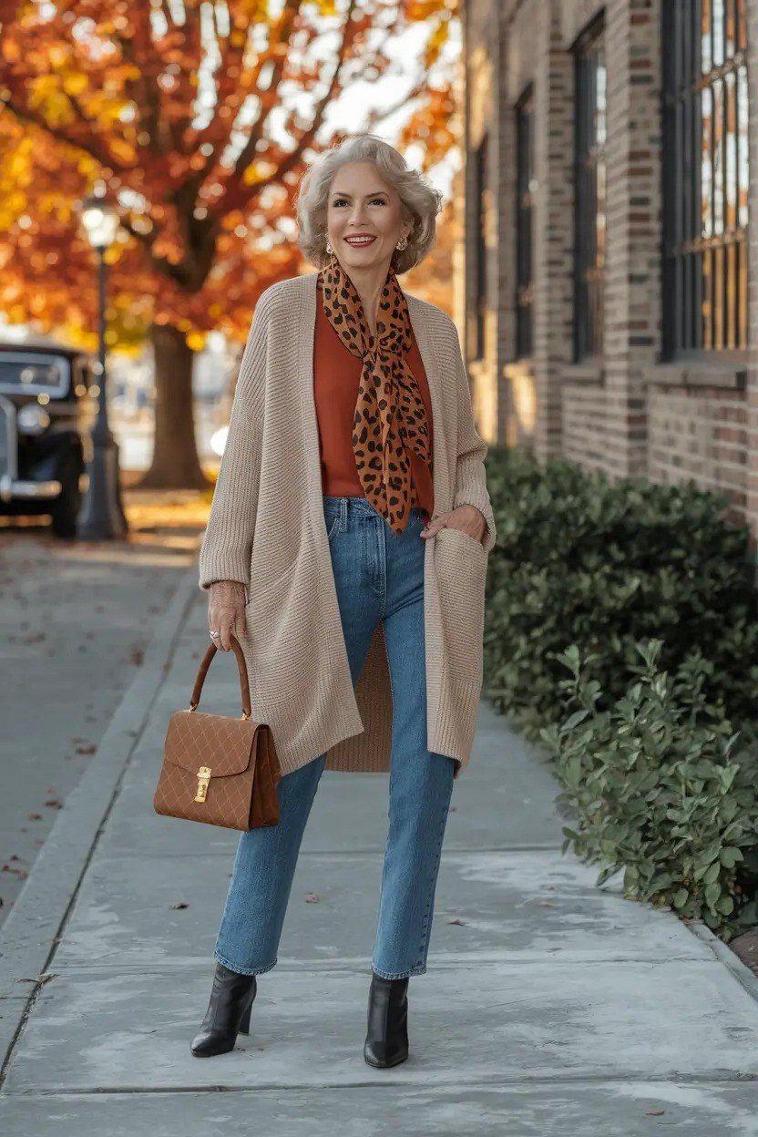 camel coat rust blouse jeans autumn outfit over 50