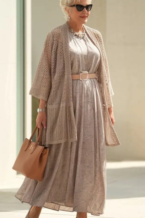 Older woman wearing a beige linen maxi dress with a long beige cardigan and tan tote