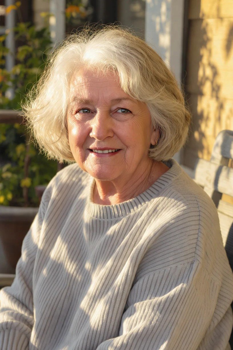 Bouncy white curly bob haircut for older women