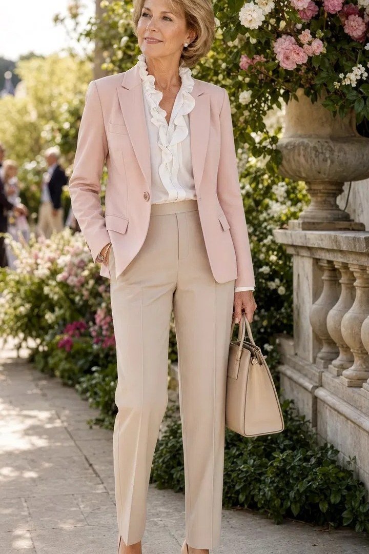 blush pink blazer with ivory trousers and cream tote for women over 50