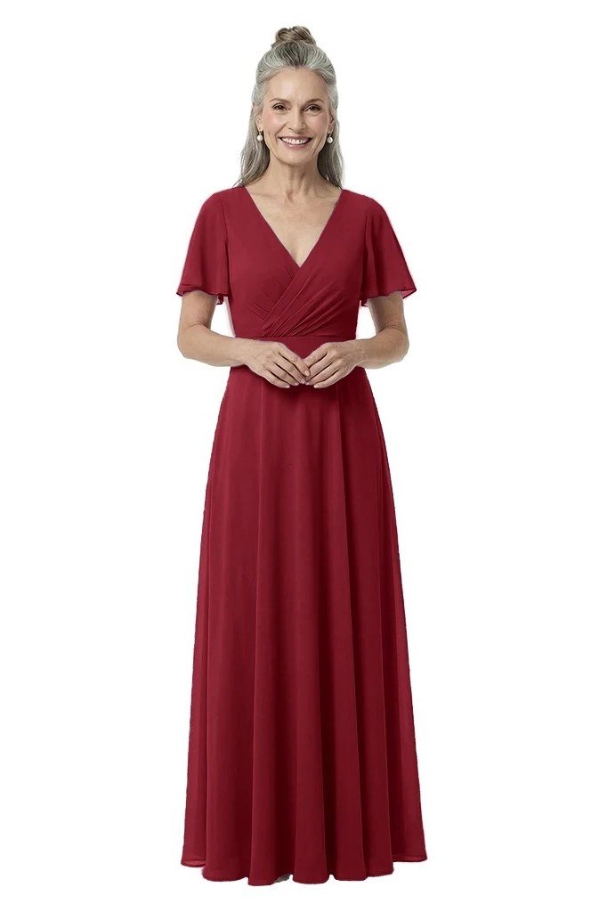 Wine-red V-neck short-sleeve maxi dress for women over 50, fall date night outfit