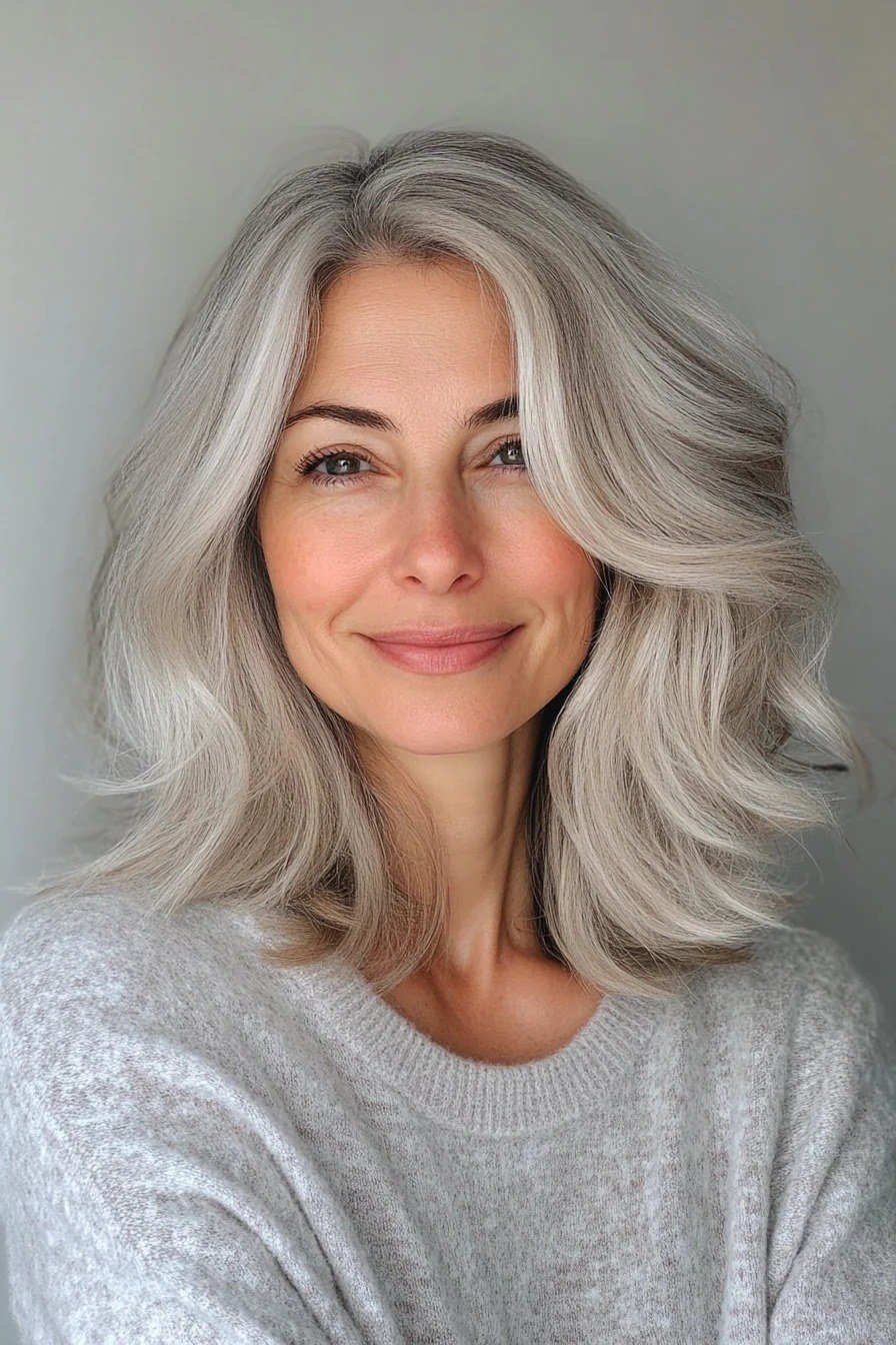 Silver long layered hair, front view - wispy hairstyle for women over 40