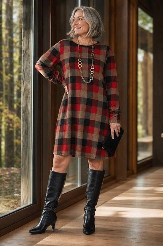 red and black plaid knit dress with knee boots for women over 60
