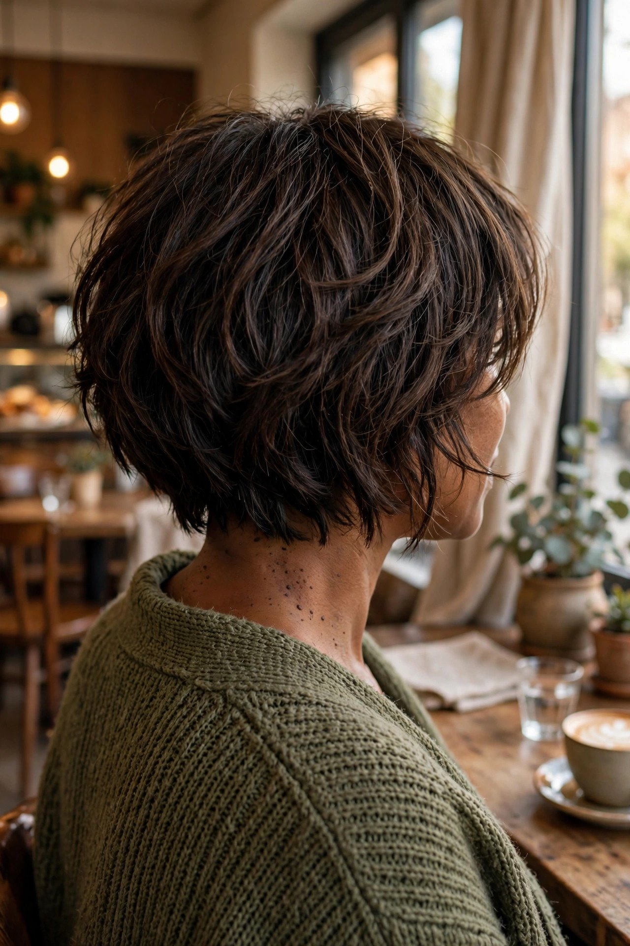 Brunette shaggy bob with face-framing layers