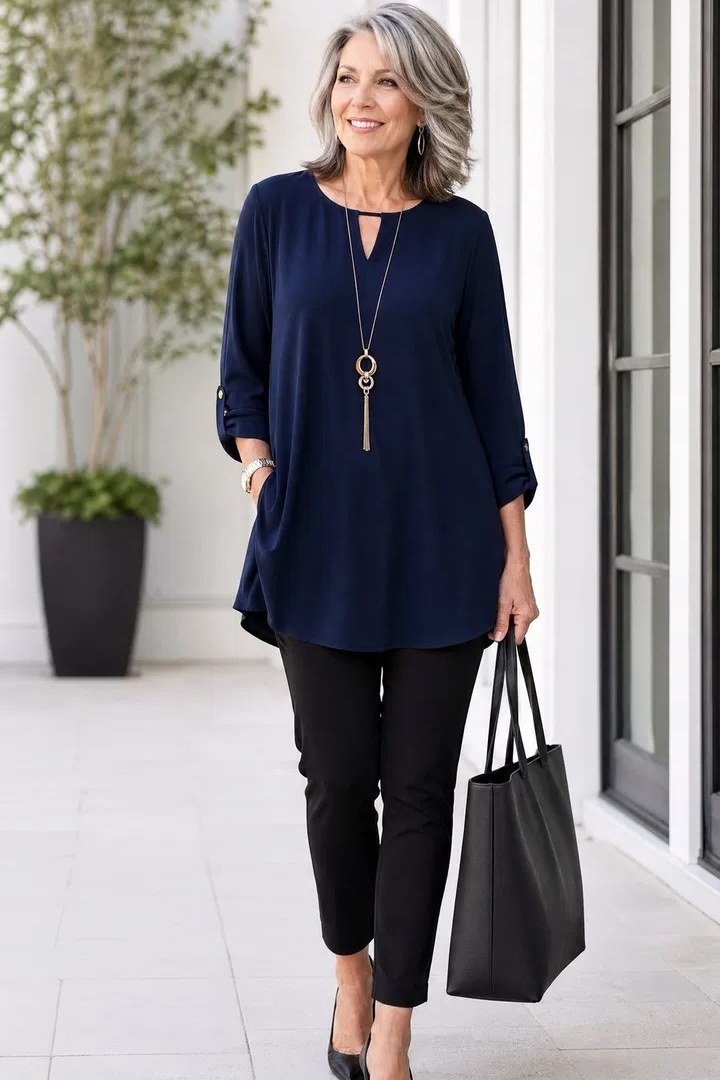 Navy tunic black trousers, grey-haired woman indoor with tote - business casual work outfit for women over 50