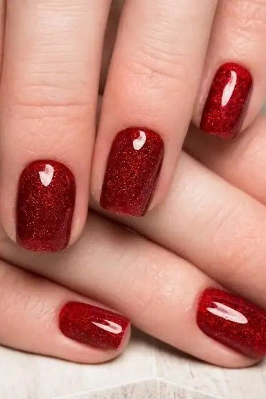 Red glitter short nails, sophisticated nail design for women over 50