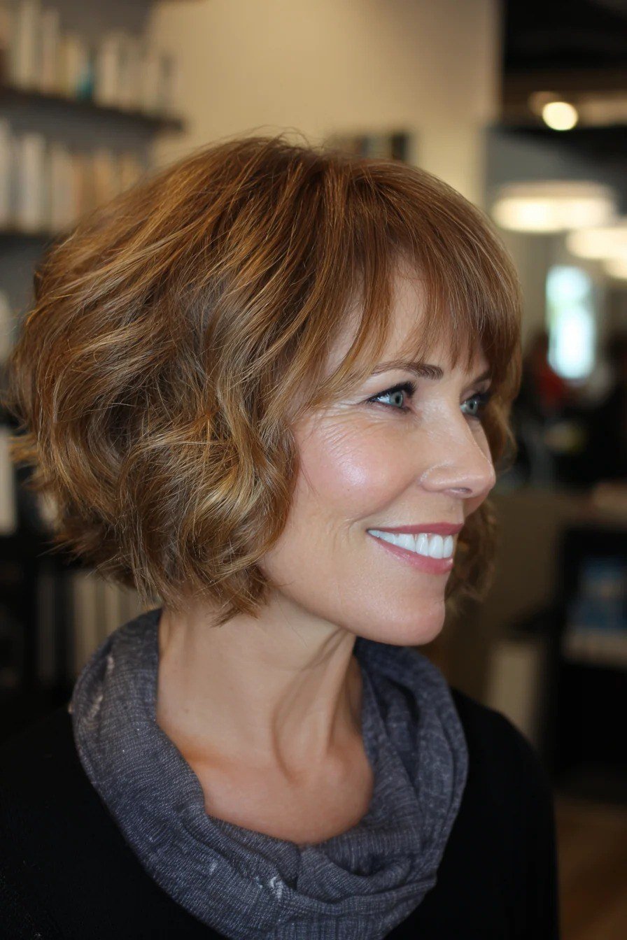 Copper Wavy Bob with Soft Bangs, chic bob haircut for women over 50