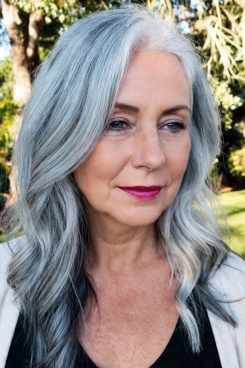 Long silver waves with natural polished shine for women over 40