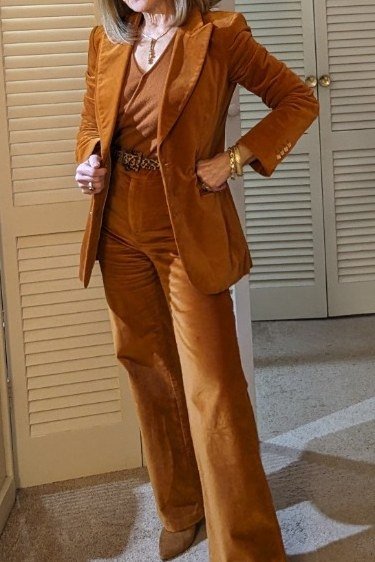 Rust corduroy blazer with matching wide-leg trousers