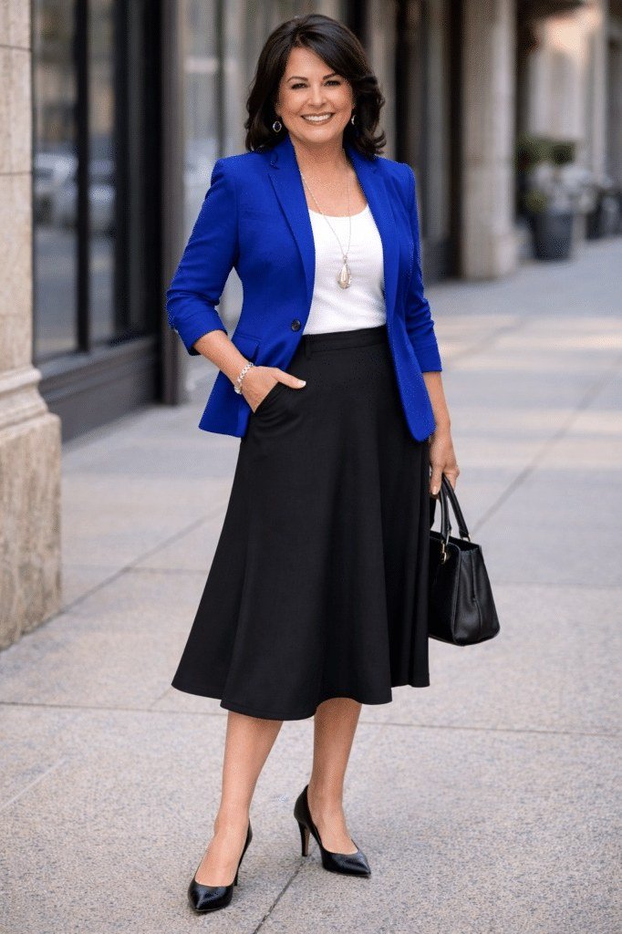 Royal blue blazer with white top and black midi skirt on a street