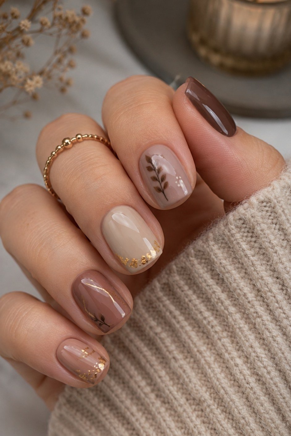 Chocolate with tiny leaf art short square, elegant fall nail design for women over 40