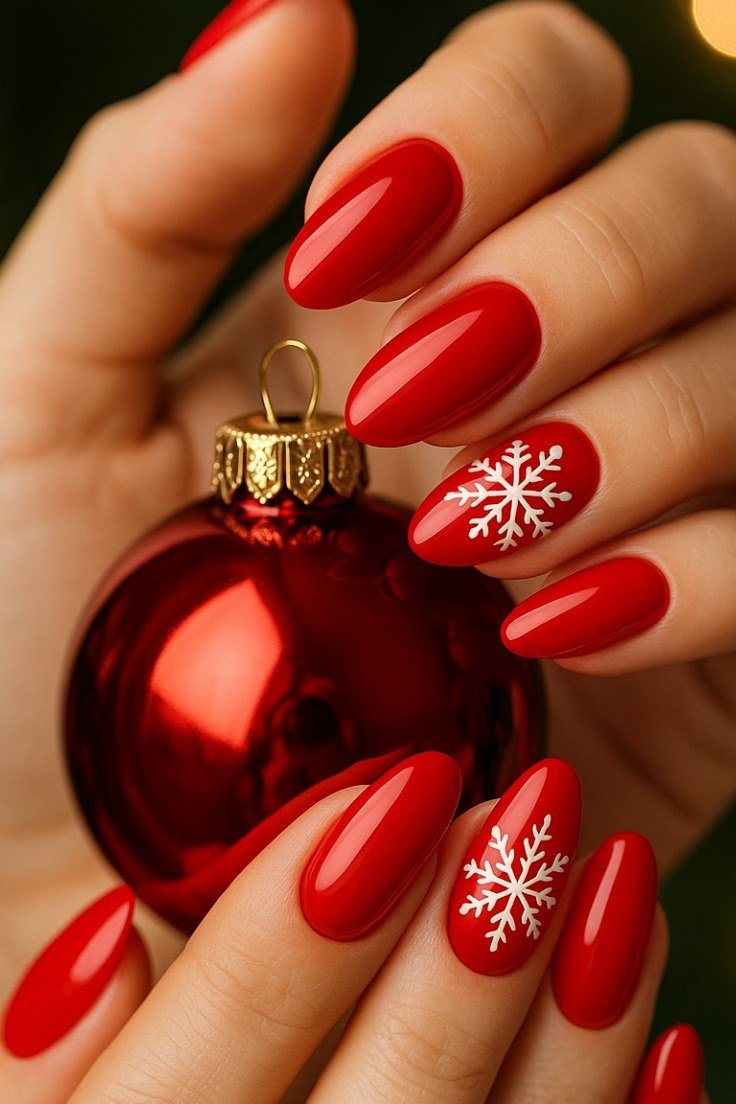 glossy red nails with snowflake art holding christmas ornament