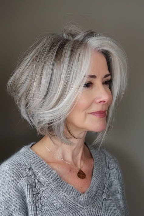 Rounded Grey Bob with Flipped Ends - shaggy bob haircut for women over 60