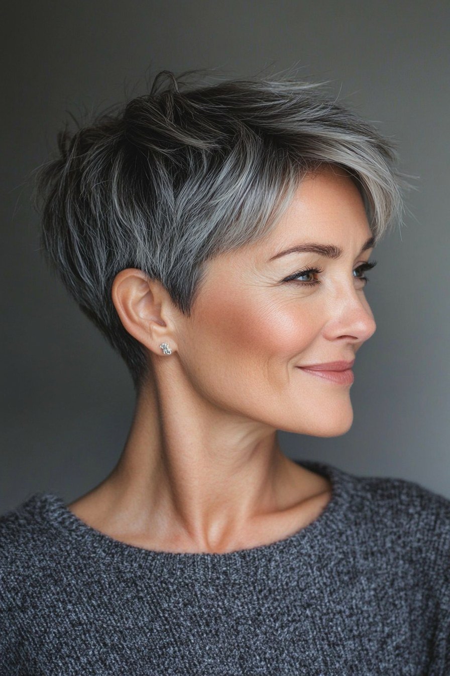Pixie with tapered sides and longer crown for women over 70