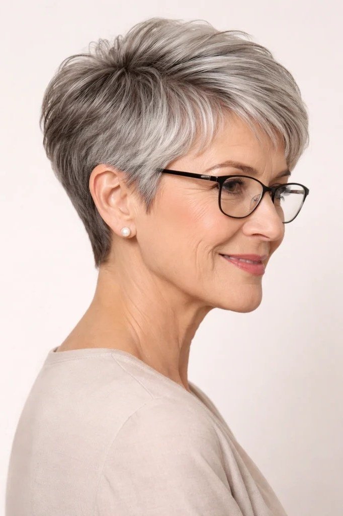 Grey pixie with longer fringe and glasses - trendy short haircut for older women with fine hair