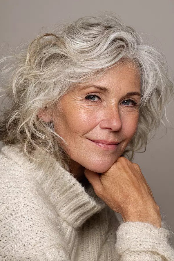 Silver wavy shoulder-length hair, front view, woman in her 60s