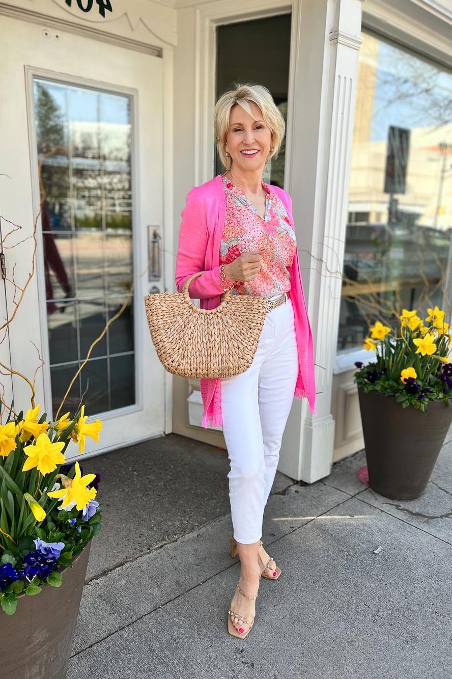 Hot Pink Blazer With White Jeans - flattering outfit idea for women over 50, how to dress better over 50