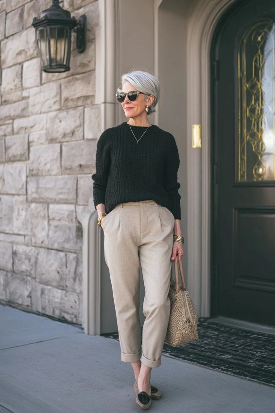 Black Knit Sweater With Beige Cropped Trousers, smart casual outfit for women over 50