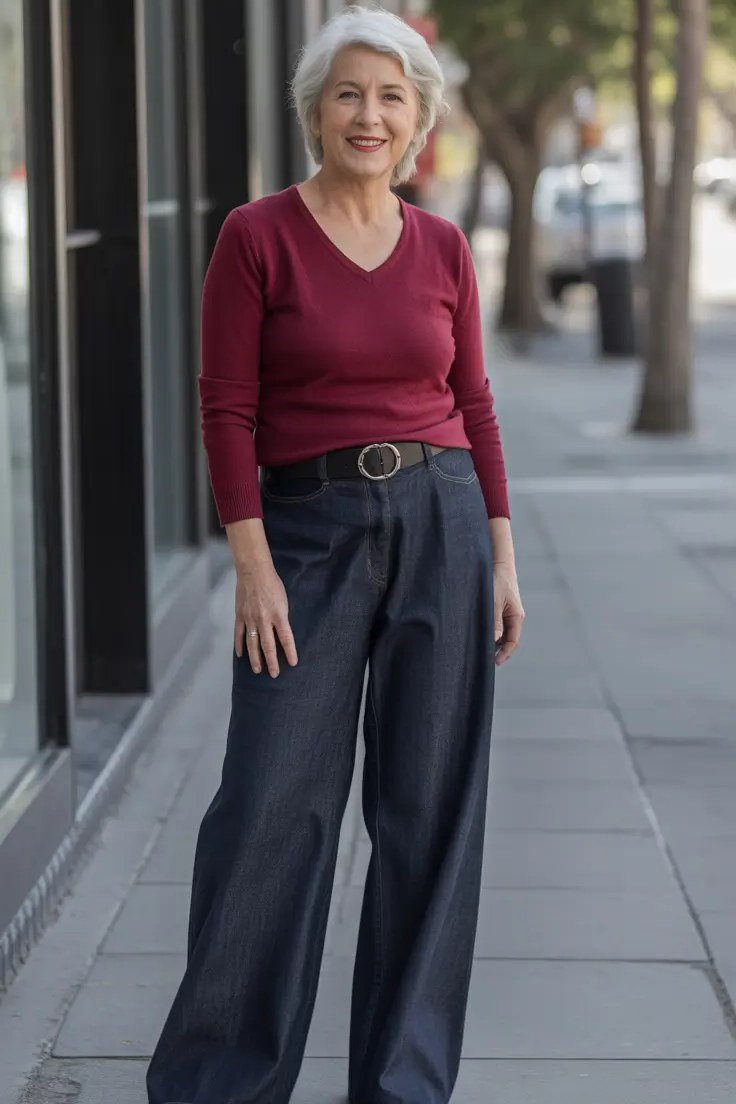 burgundy top and wide-leg dark jeans fall outfit for women over 60