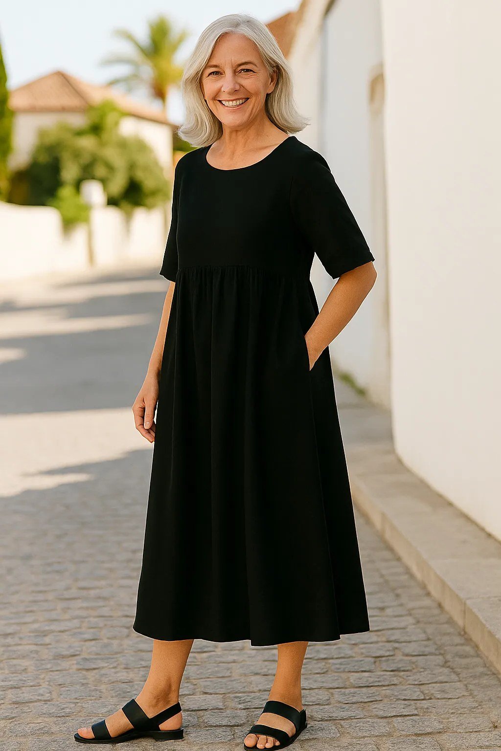 Black short-sleeve midi dress with waist detail for women over 50