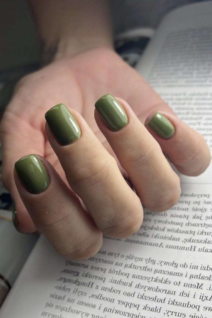 Dark Olive Short Squoval Nails - fall nail color idea for women over 60