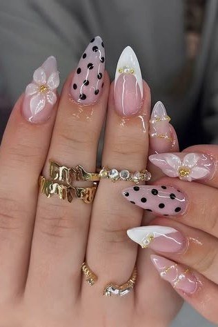 Pink French with Polka Dots and Florals - elegant nail art idea for mature hands, women over 50