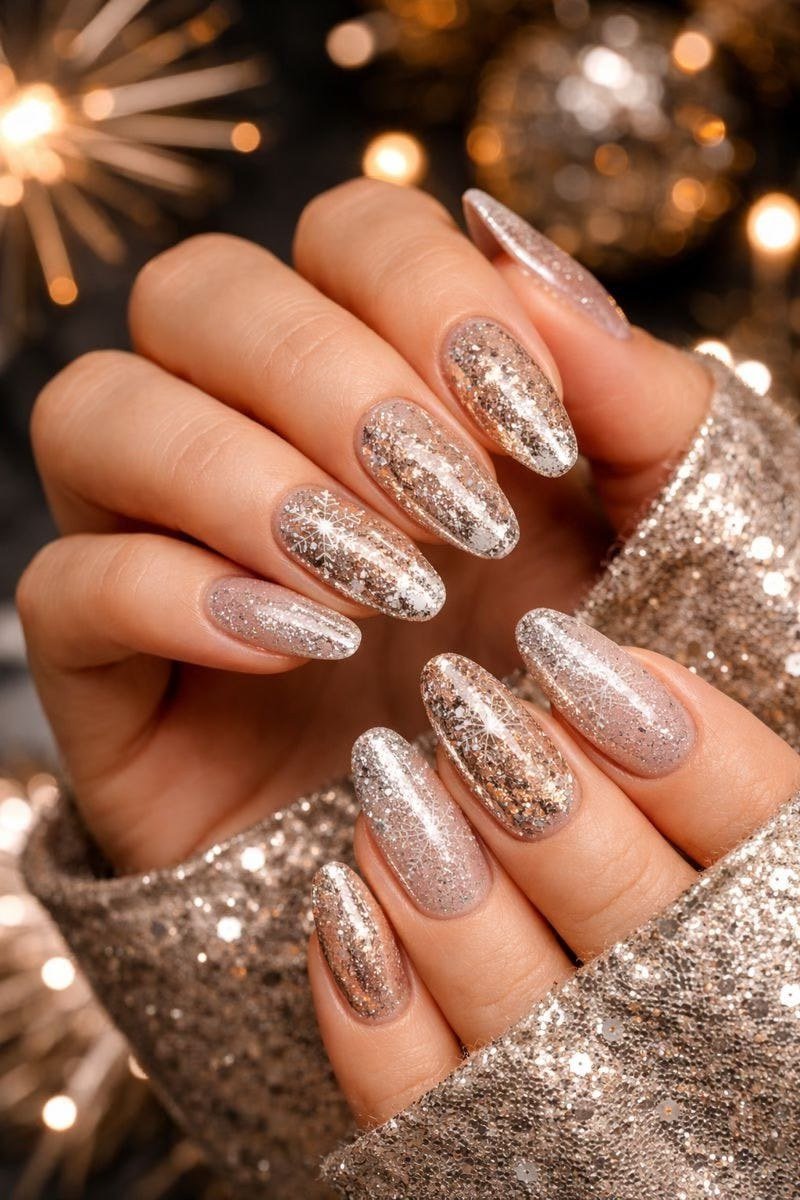 Festive Champagne Gold Glitter Nails - champagne gold glitter almond festive, glitter winter nail design for women over 60