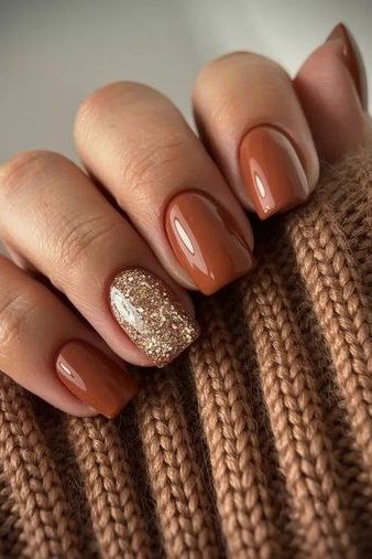 Terracotta Brown Nails with Gold Glitter, chocolate brown fall nail design for women over 60