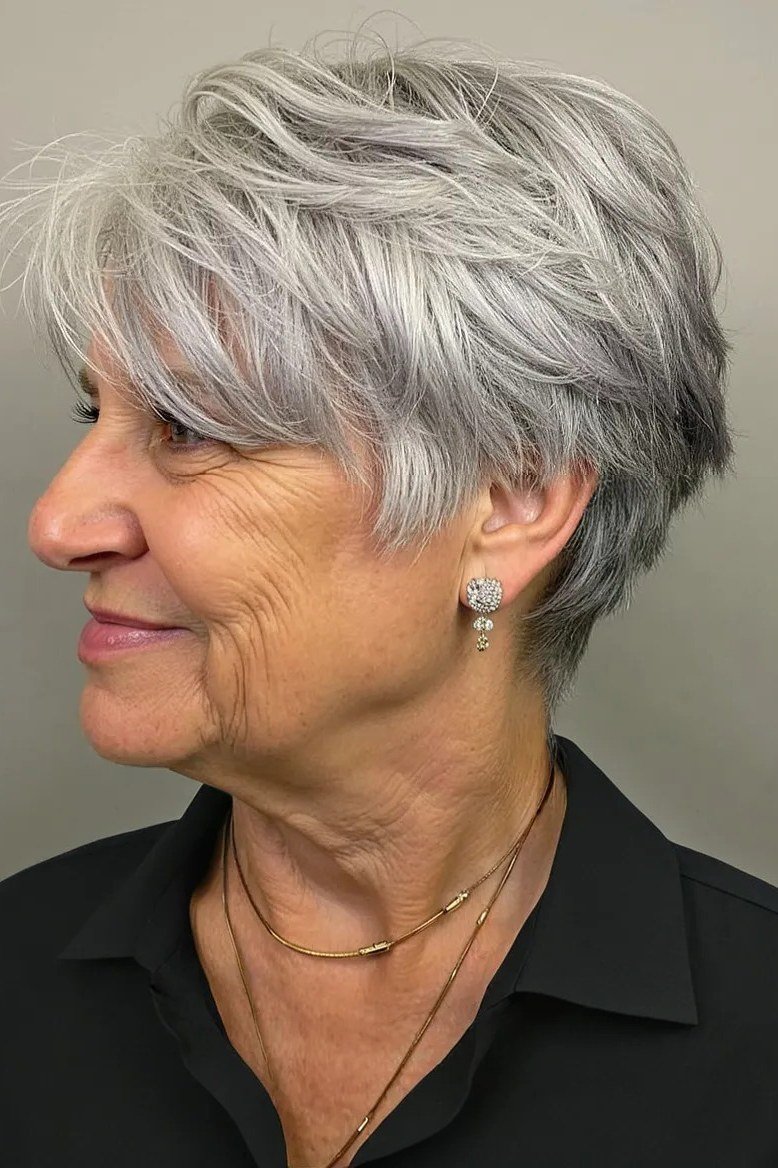 tousled textured silver pixie for women over 50, side view