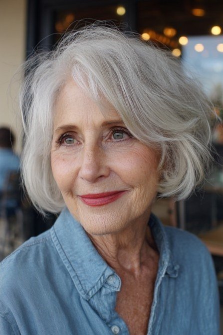 White soft layered bob, front view, older woman, timeless hairstyle for women over 70