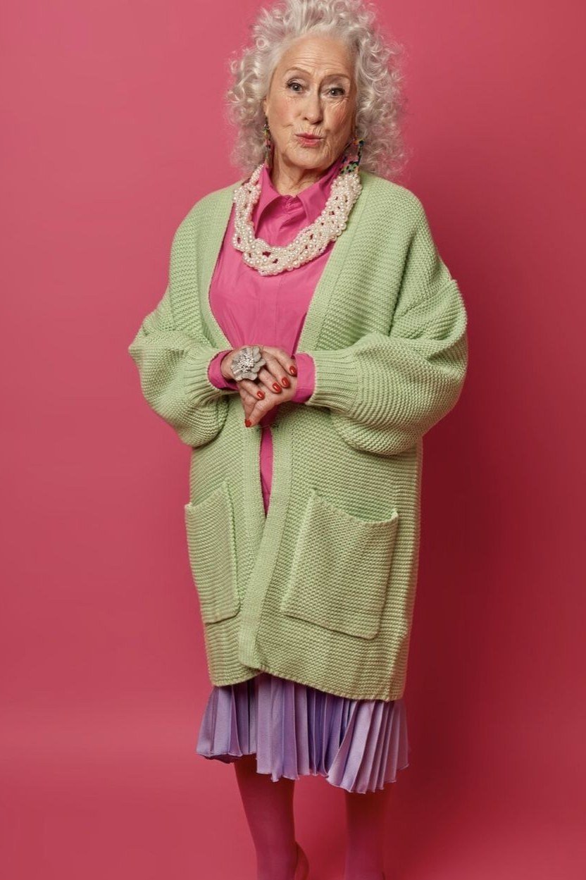 Pistachio Cardigan with a Purple Skirt, classic casual outfit for women over 70