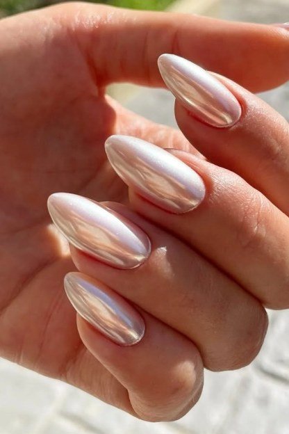 Blush Pink Pearl Chrome Almond Nails - chrome nail designs for women over 60