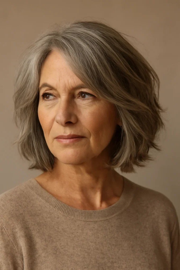 Ash Brown Lob with Curtain Layers - layered lob hairstyle for women over 60
