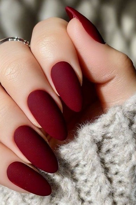 Matte oxblood almond, burgundy fall nail idea for women over 60