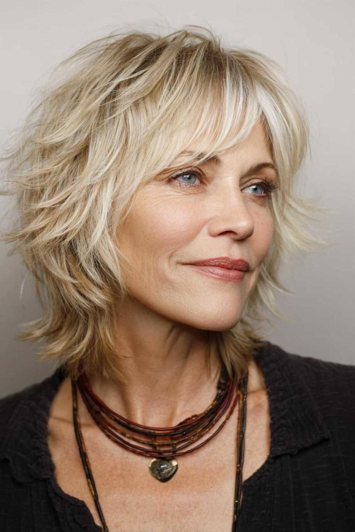Voluminous Platinum Blonde Shag with Bangs - medium shag haircut for women over 40