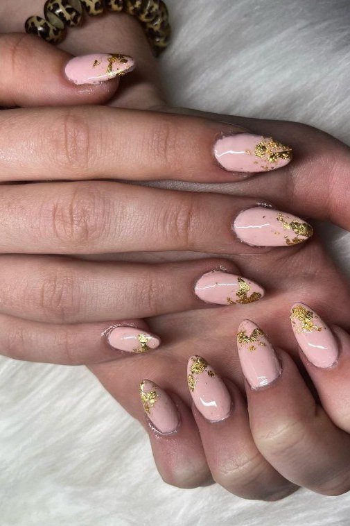 Pink Nails with Gold Flake Accents, nail color idea for women over 60